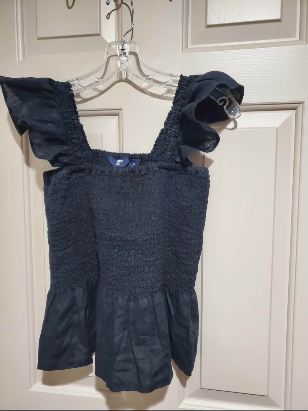 Black Smocked Peplum Tank Top with Ruffle Sleeves